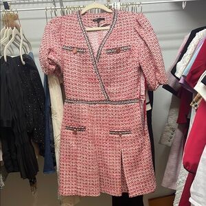 Pink Tweed Short Sleeve Dress with Contrast Trim
